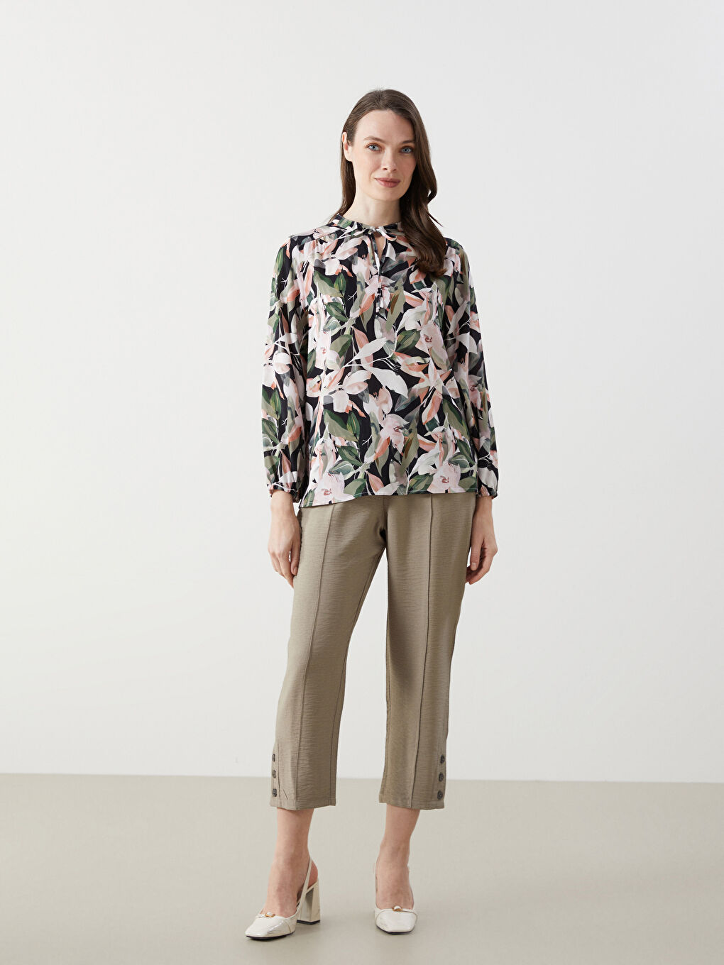 Tie Collar Patterned Women's Blouse -S5FM64Z8-LSR
