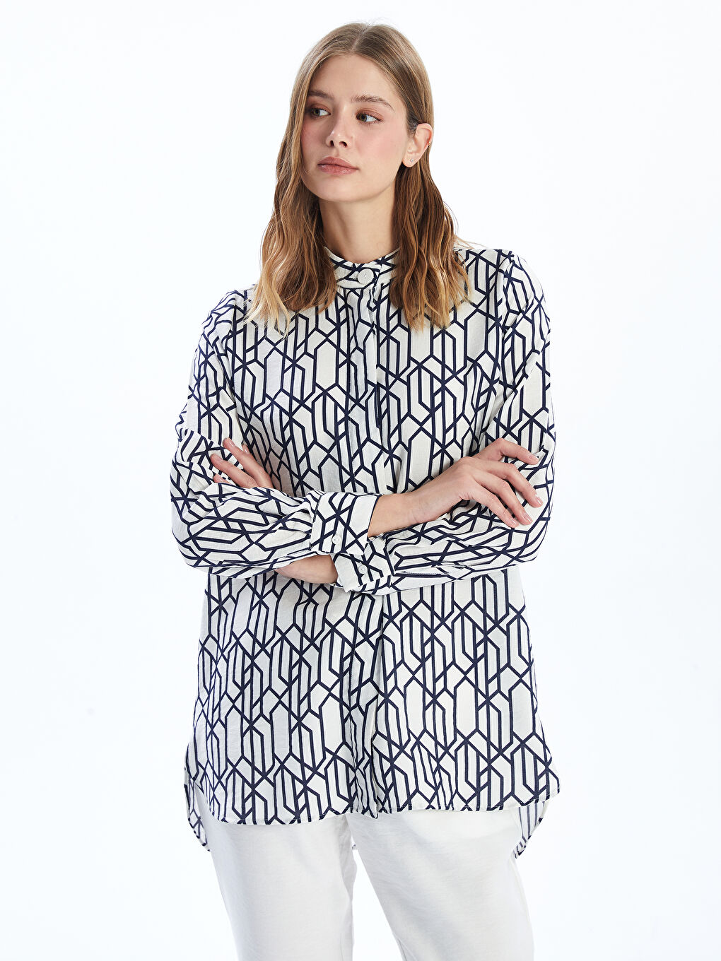 Mandarin Collar Patterned Women's Shirt Tunic -S5FM73Z8-LQQ
