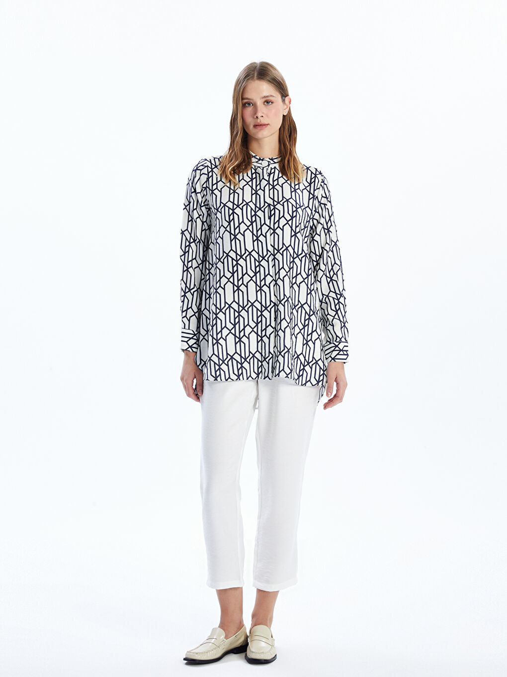Mandarin Collar Patterned Women's Shirt Tunic -S5FM73Z8-LQQ