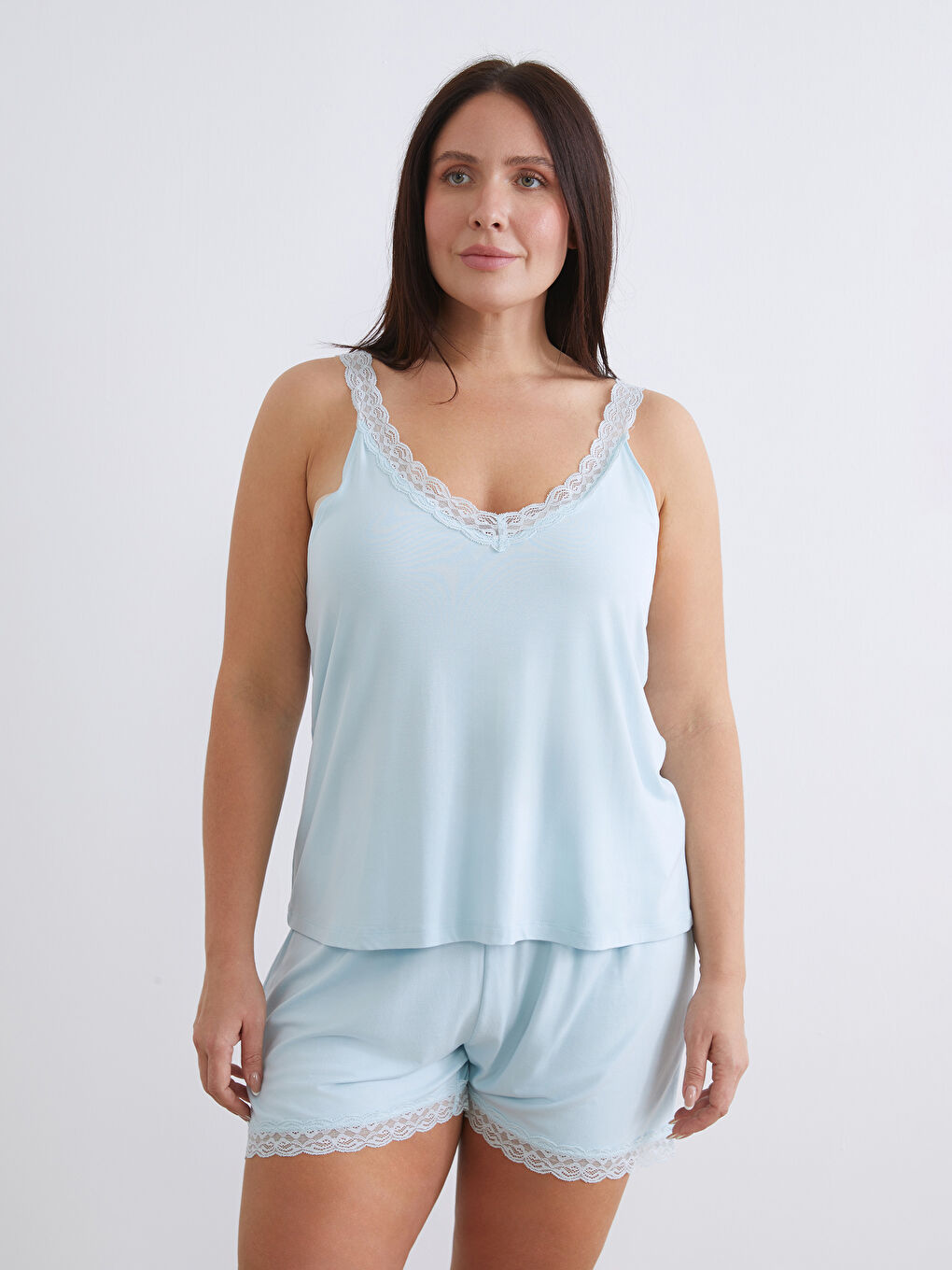 Mavi V Yaka Dantel Detaylı Kadın Pijama Üstü