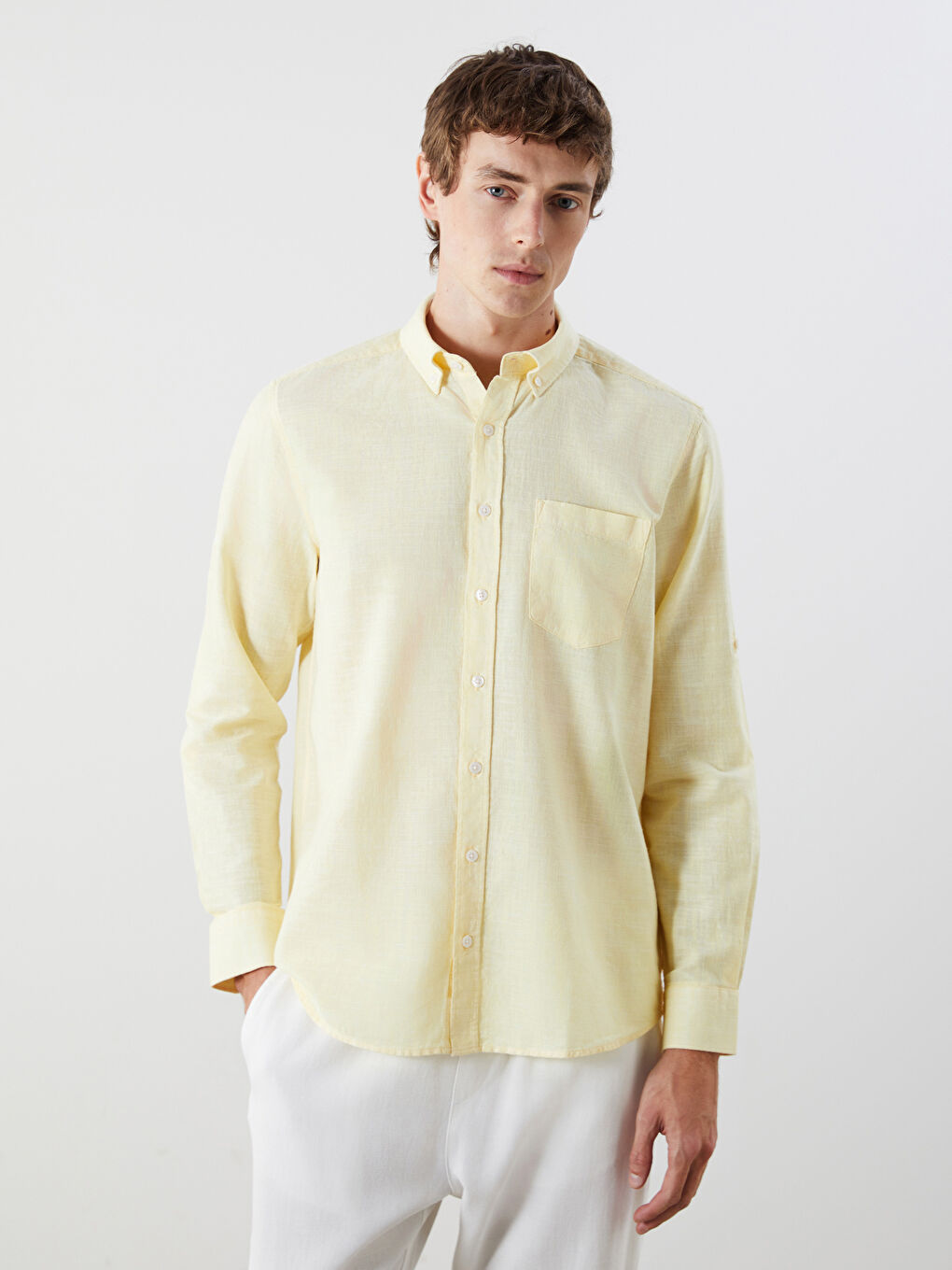 Regular Fit Long Sleeve Linen Blend Men's Shirt -S5FM94Z8-ETY