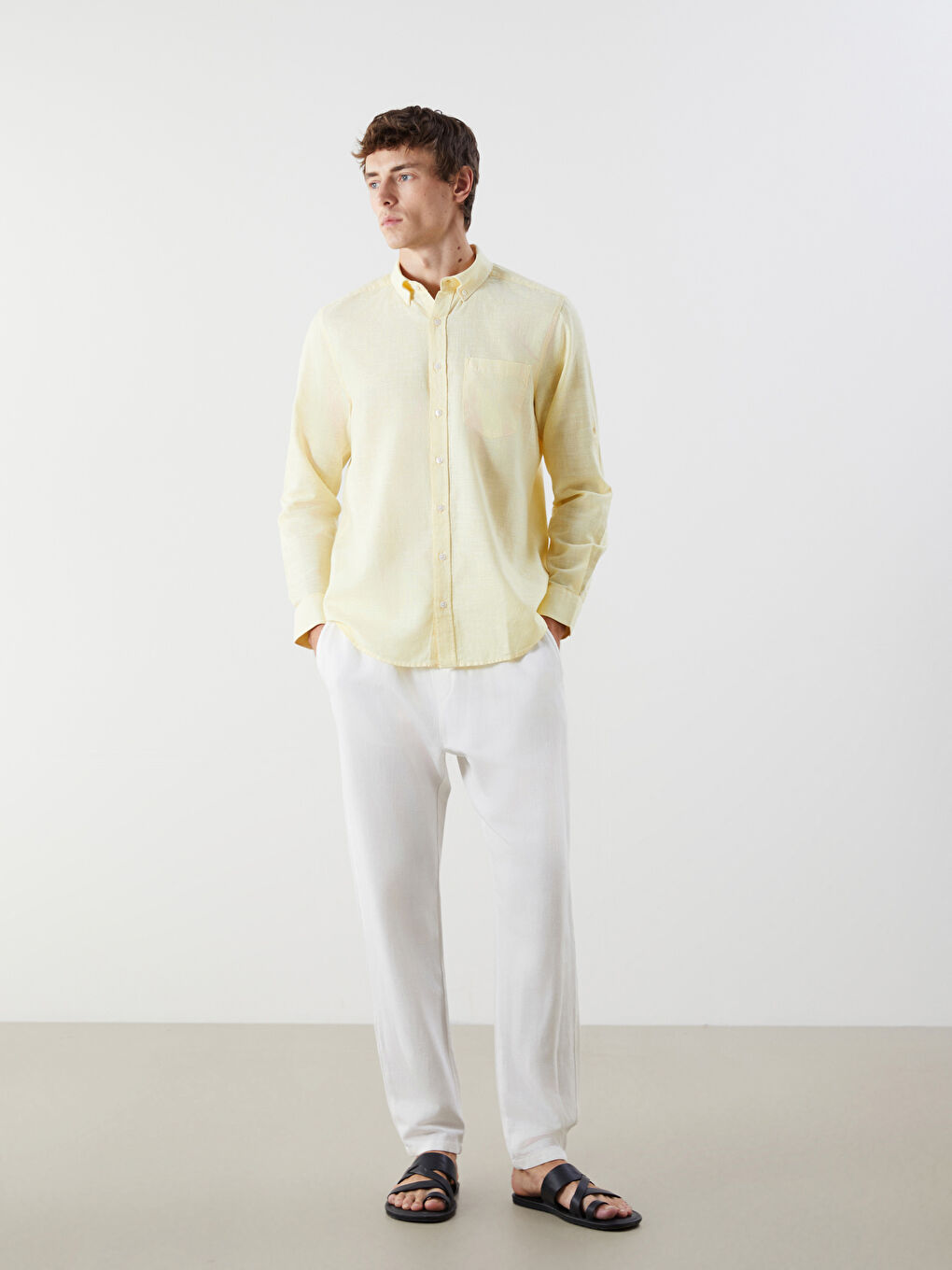 Regular Fit Long Sleeve Linen Blend Men's Shirt -S5FM94Z8-ETY