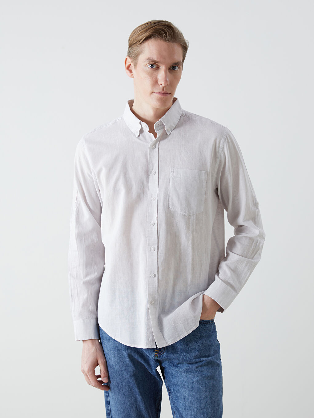 Regular Fit Long Sleeve Linen Blend Men's Shirt