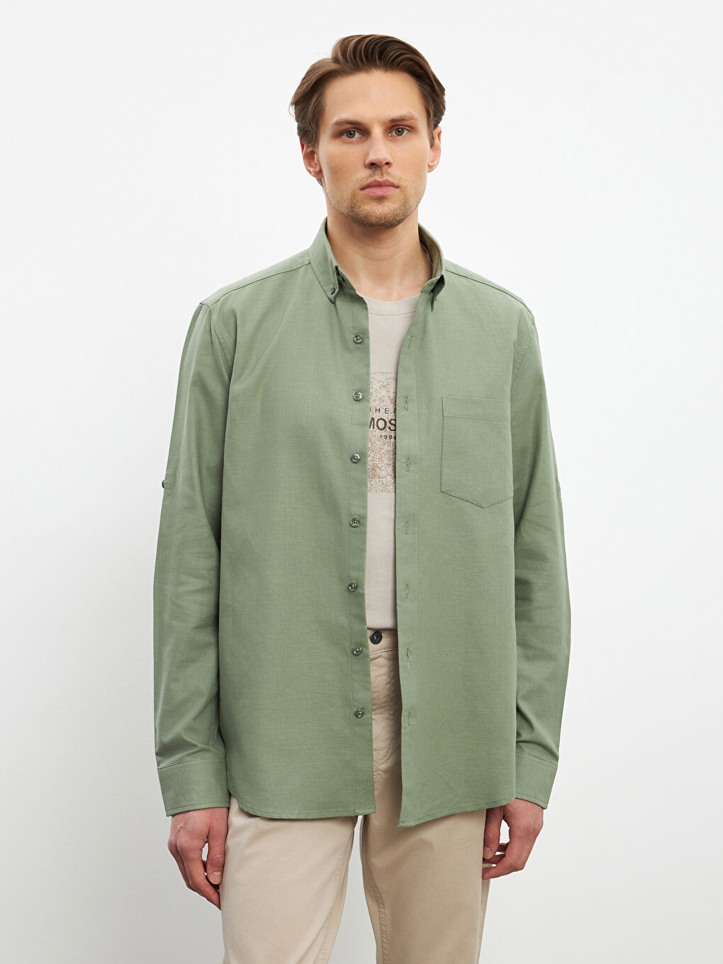 Regular Fit Long Sleeve Linen Blend Men's Shirt -S5FM94Z8-DBV