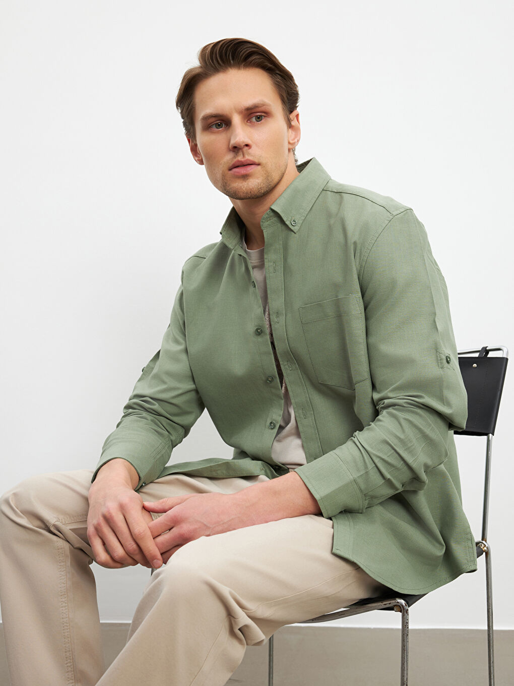 Regular Fit Long Sleeve Linen Blend Men's Shirt -S5FM94Z8-DBV