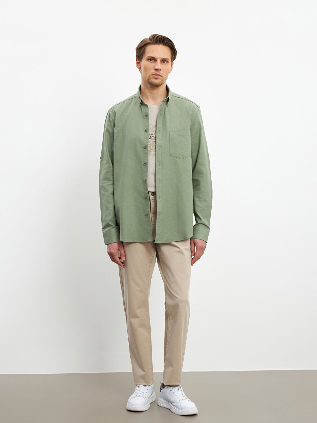 Regular Fit Long Sleeve Linen Blend Men's Shirt -S5FM94Z8-DBV