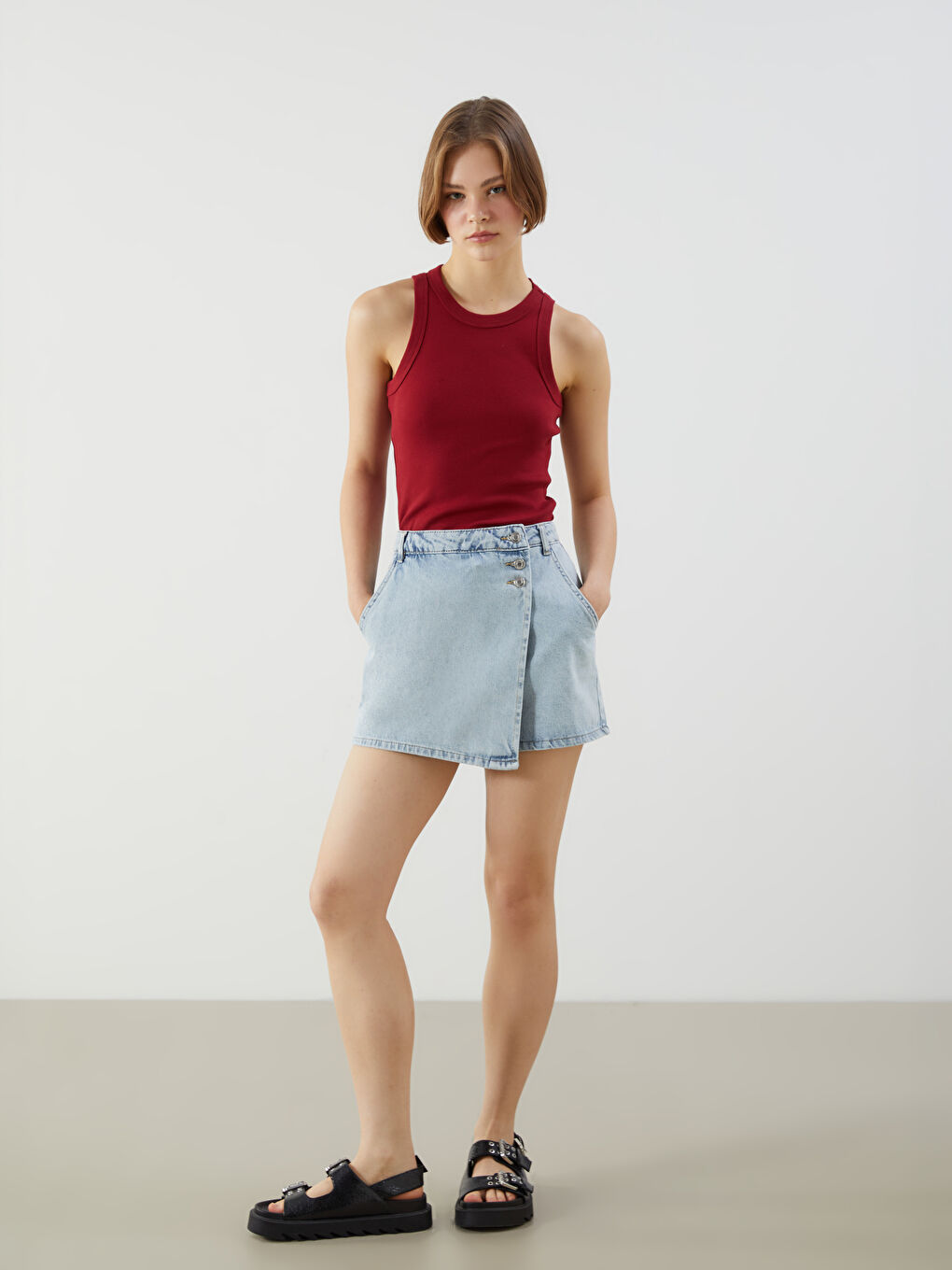 Woman BLUE Denim Overlay Shorts -S5FO37Z8-S54