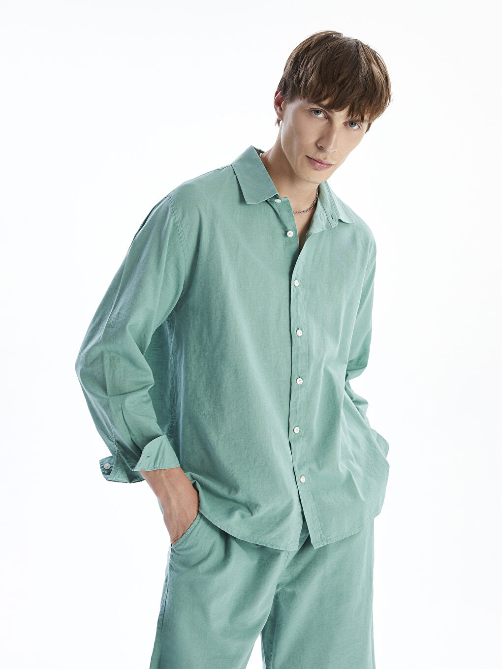 Regular Fit Long Sleeve Linen Blend Men's Shirt -S5FO86Z8-GEB