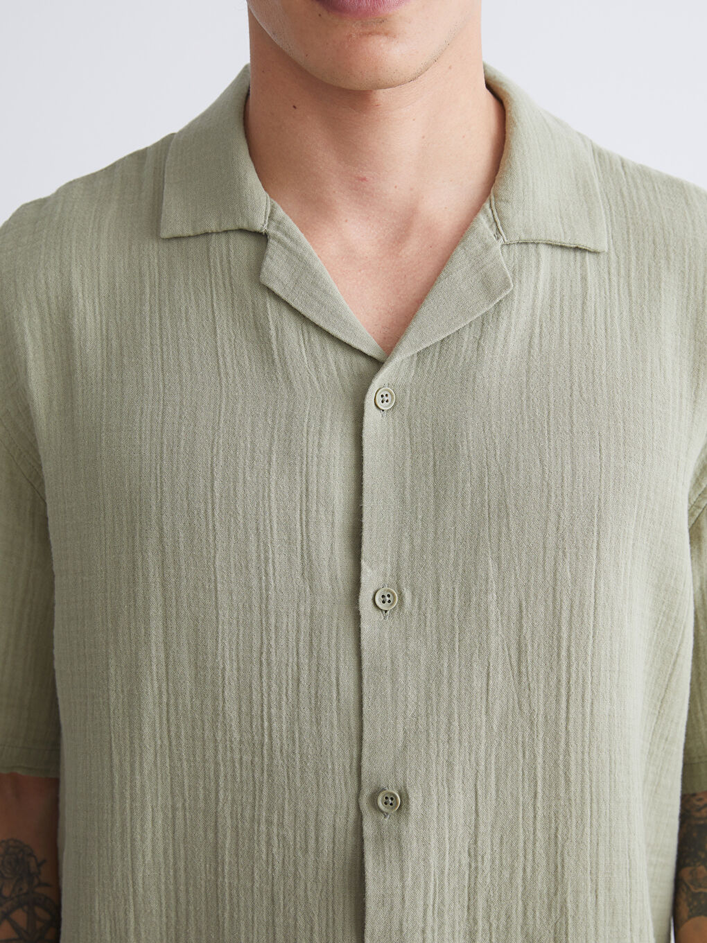 Haki Regular Fit Kısa Kollu Müslin Erkek Gömlek-2
