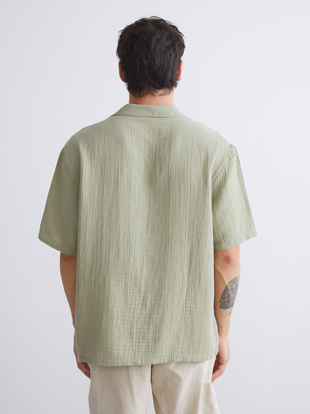 Haki Regular Fit Kısa Kollu Müslin Erkek Gömlek-3