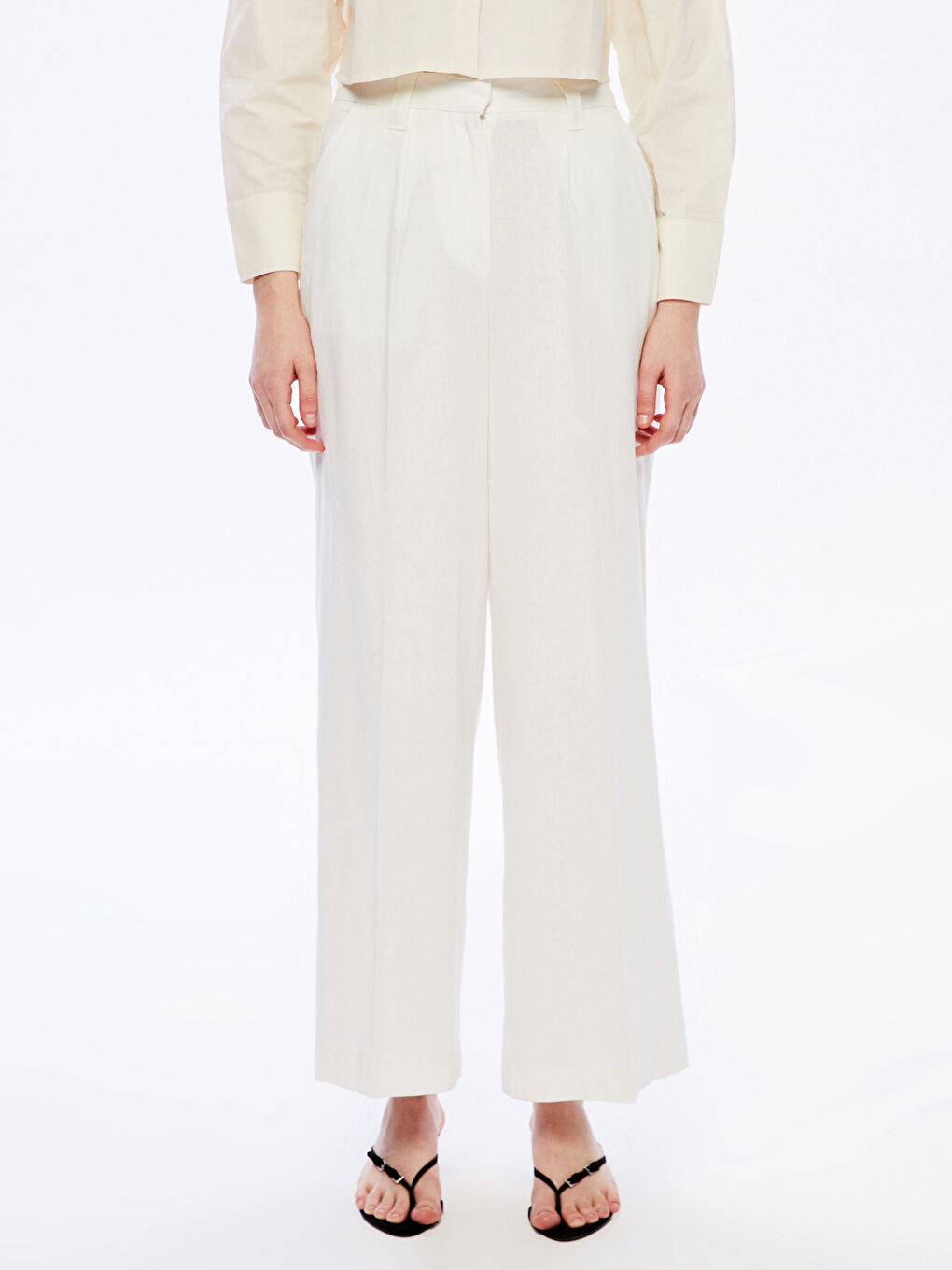 Loose Fit Linen Blend Women's Trousers -S5FP03Z8-Q6K