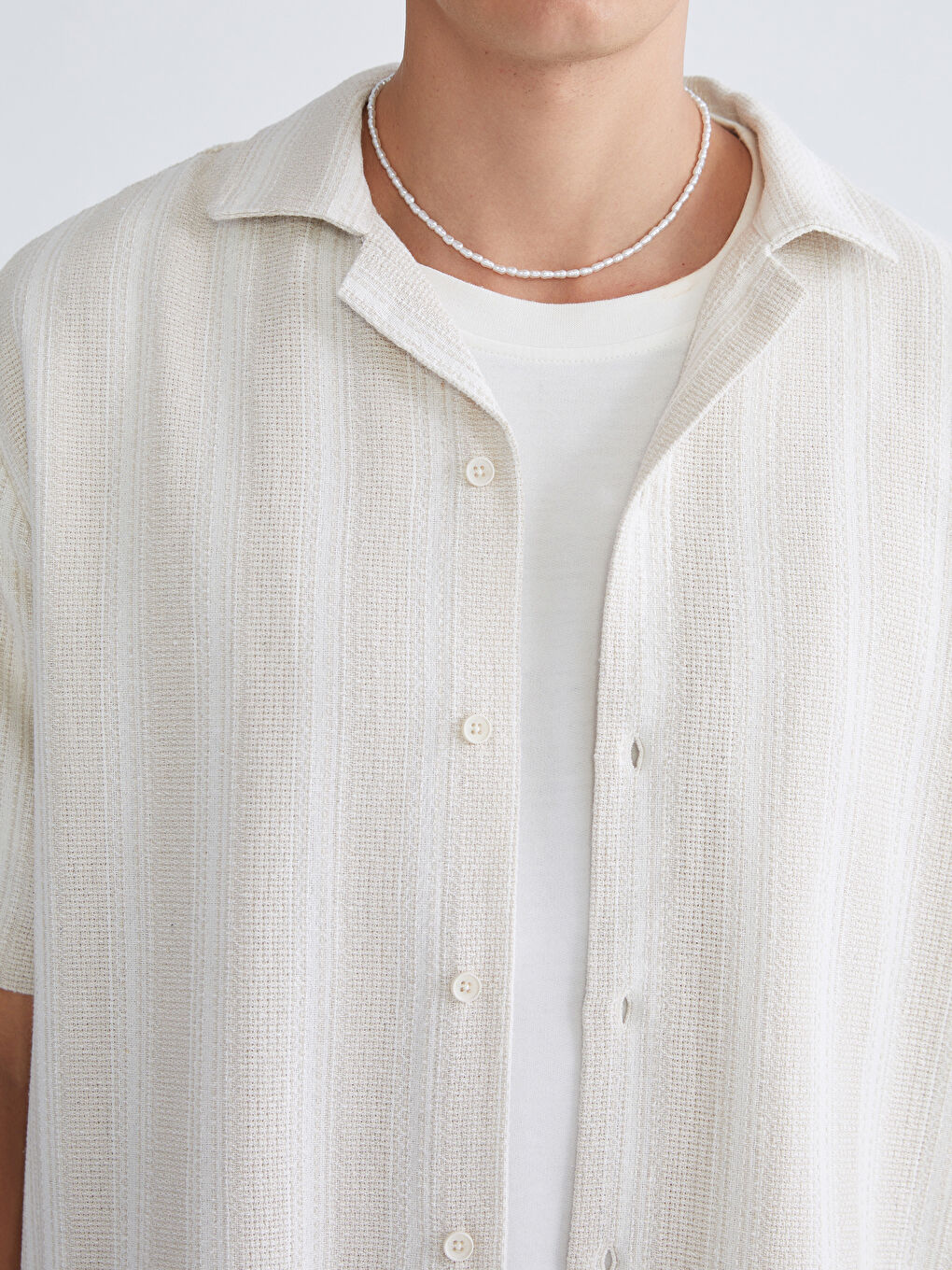 Bej Rahat Kalıp Kısa Kollu Çizgili Armürlü Erkek Gömlek-2