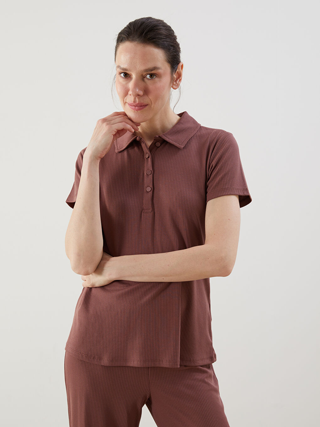 Polo Neck Textured Women'S T-Shirt -S5FP56Z8-H8B