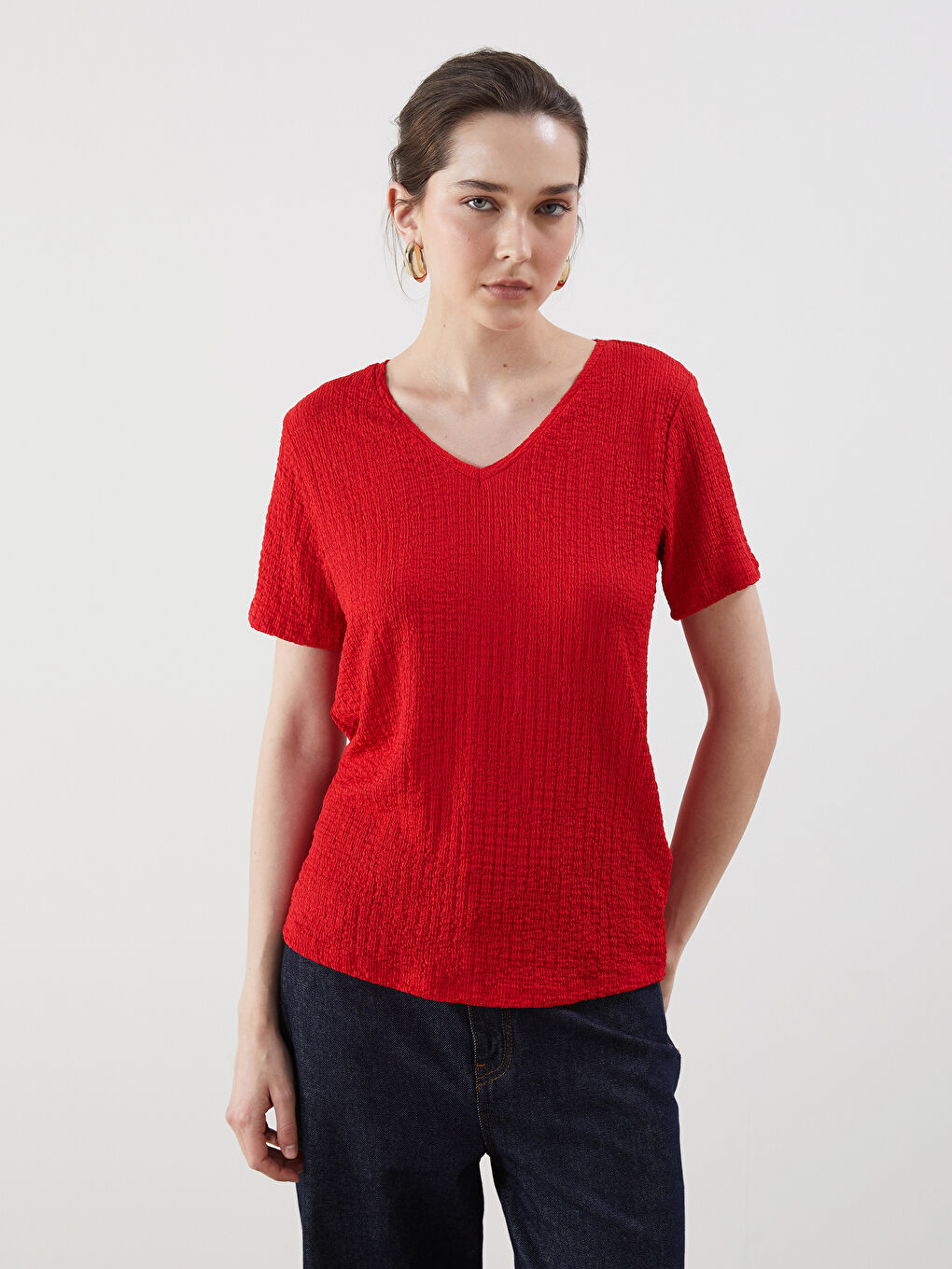 LCWAIKIKI Classic V-Neck Textured Women's T-Shirt -S5FP60Z8-HNK