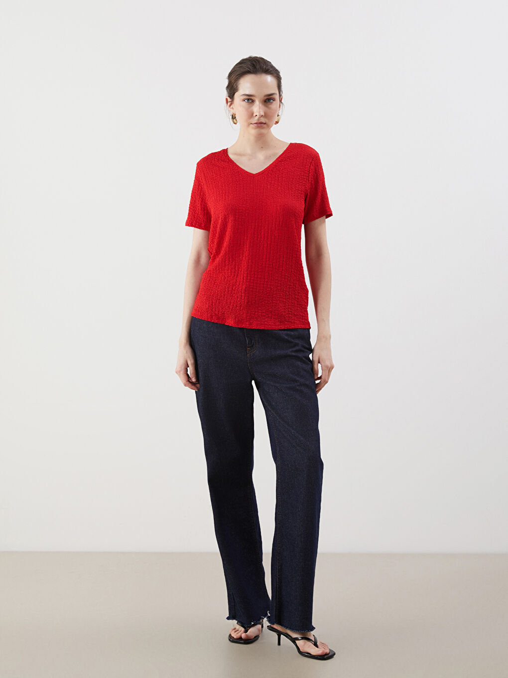 LCWAIKIKI Classic V-Neck Textured Women's T-Shirt -S5FP60Z8-HNK