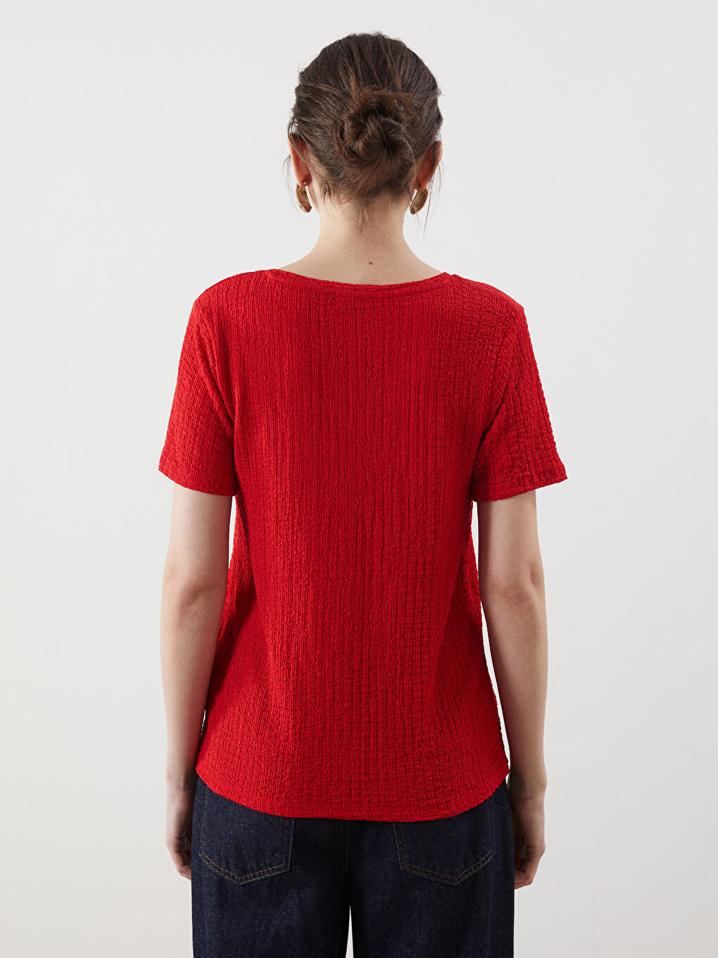 LCWAIKIKI Classic V-Neck Textured Women's T-Shirt -S5FP60Z8-HNK