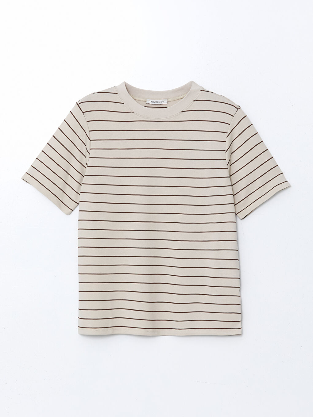 Ekru Bisiklet Yaka Çizgili Oversize Kadın Tişört-4