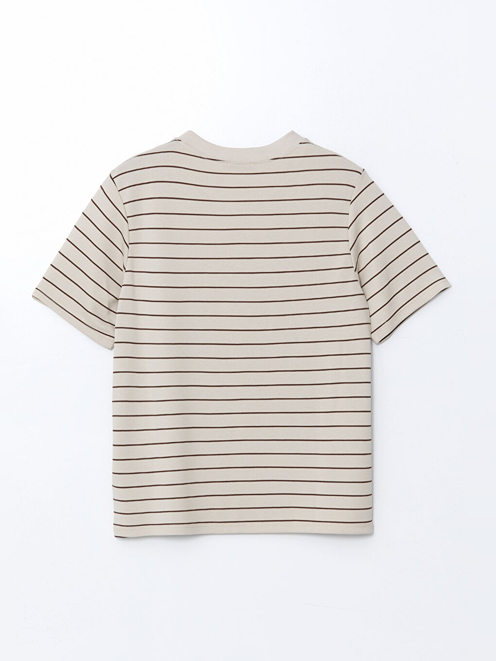 Ekru Bisiklet Yaka Çizgili Oversize Kadın Tişört-5