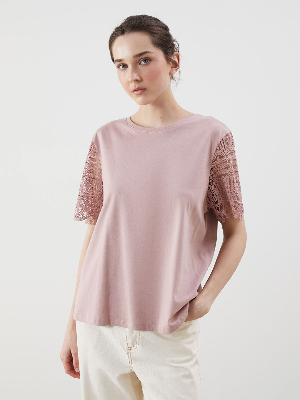 Crew Neck Jersey Lace Women's T-Shirt -S5FQ13Z8-GJR