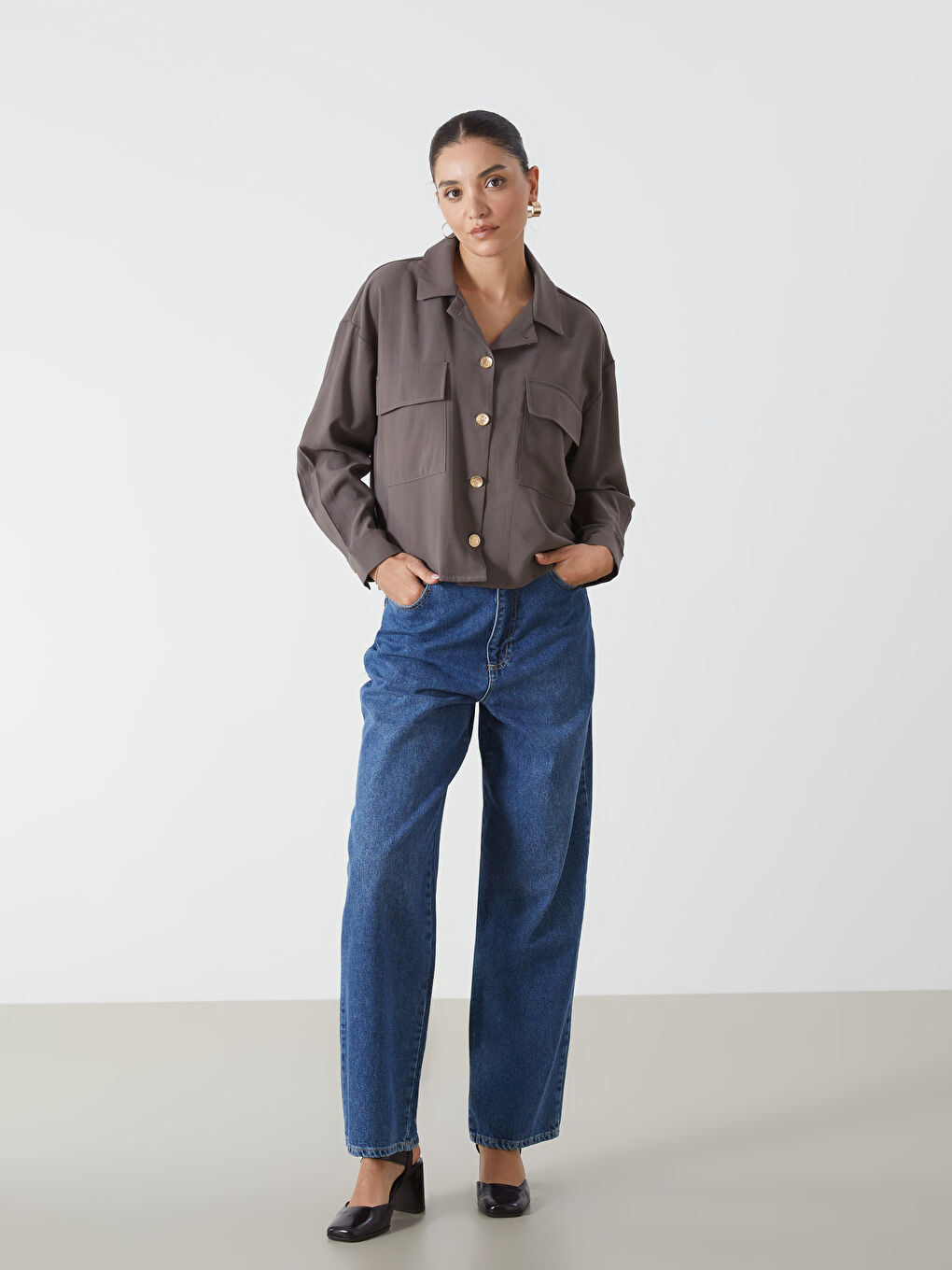 Kahverengi Oversize Gabardin Kadın Gömlek Ceket-3