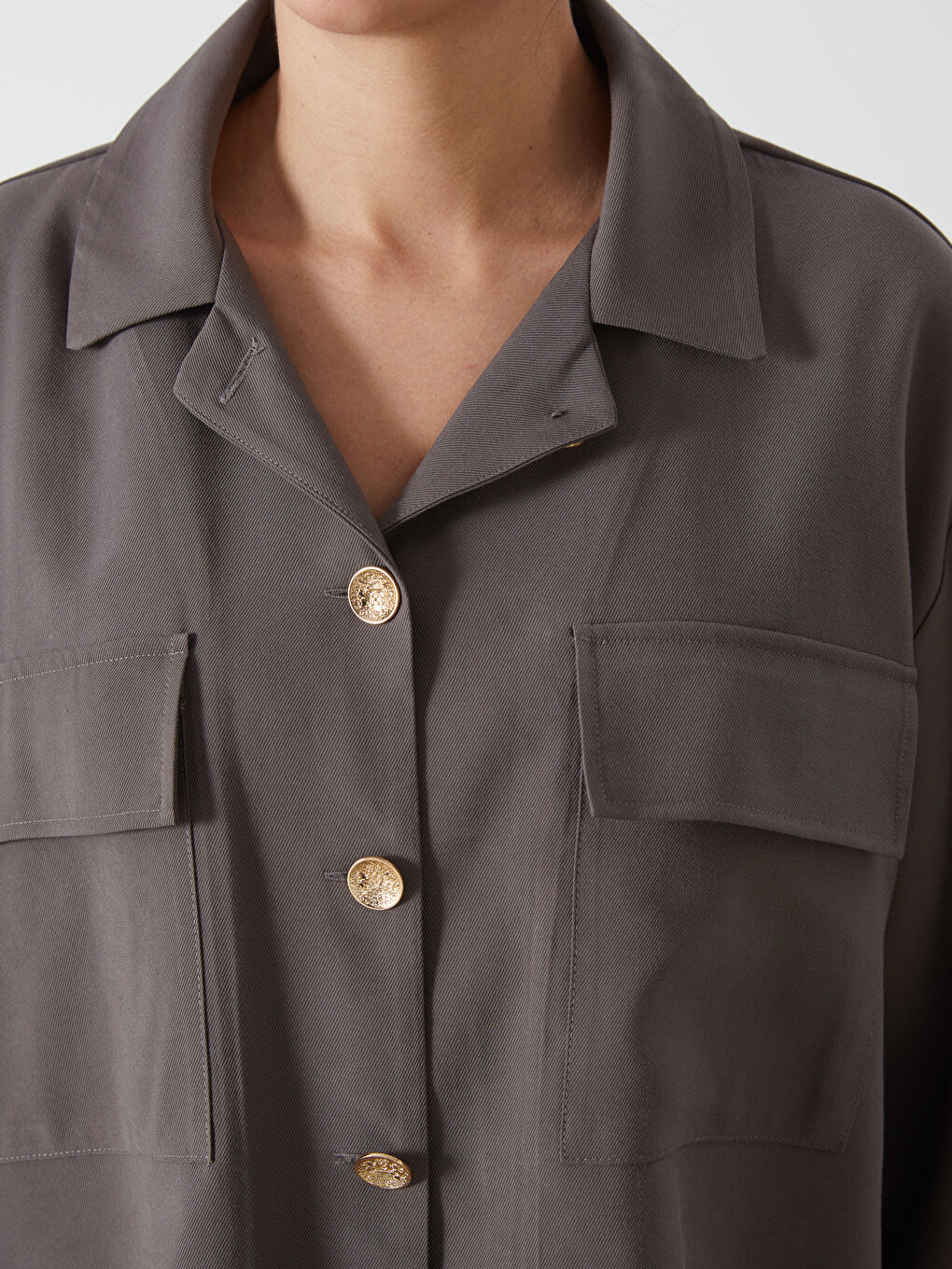 Kahverengi Oversize Gabardin Kadın Gömlek Ceket-5