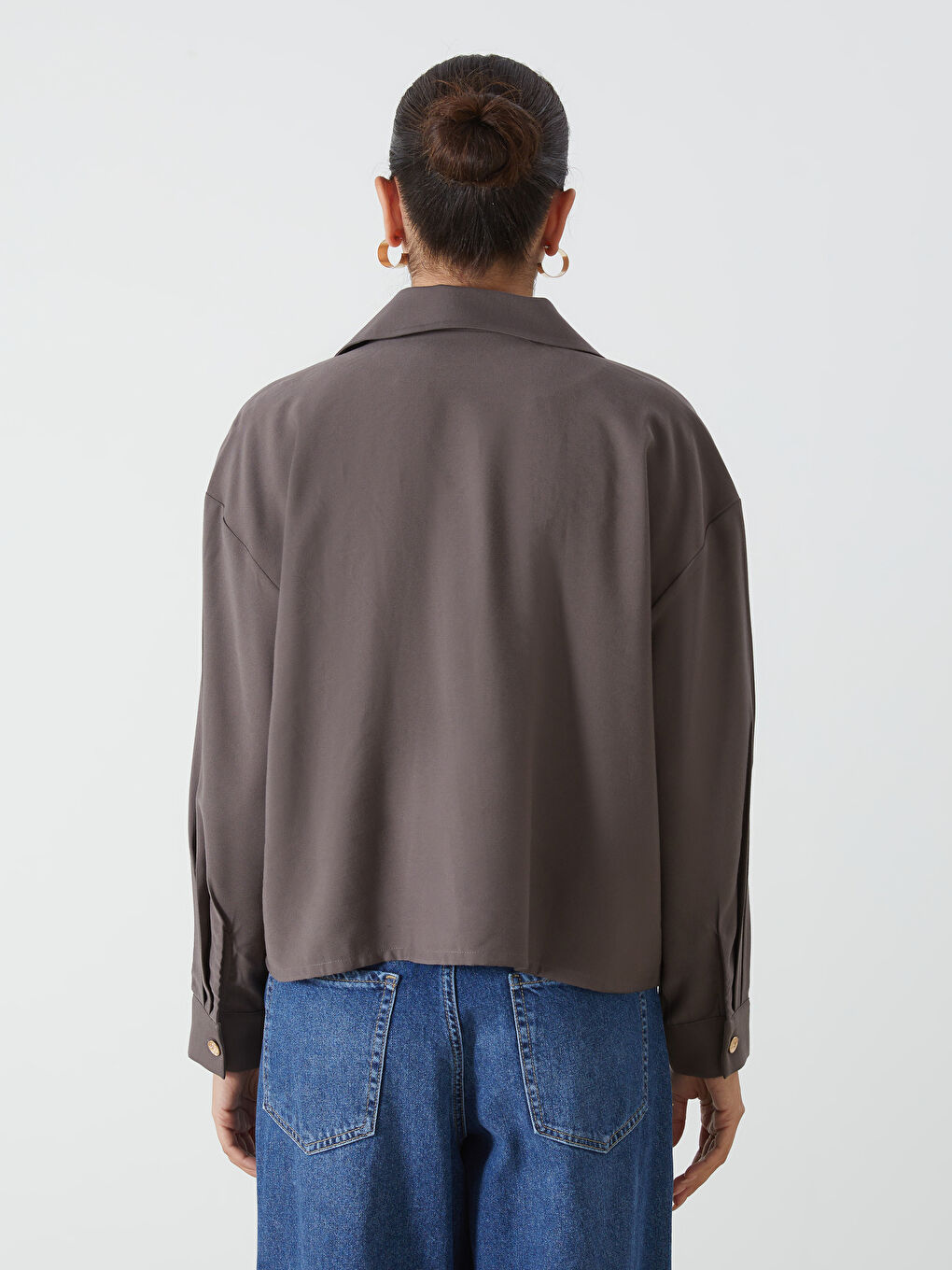 Kahverengi Oversize Gabardin Kadın Gömlek Ceket-7