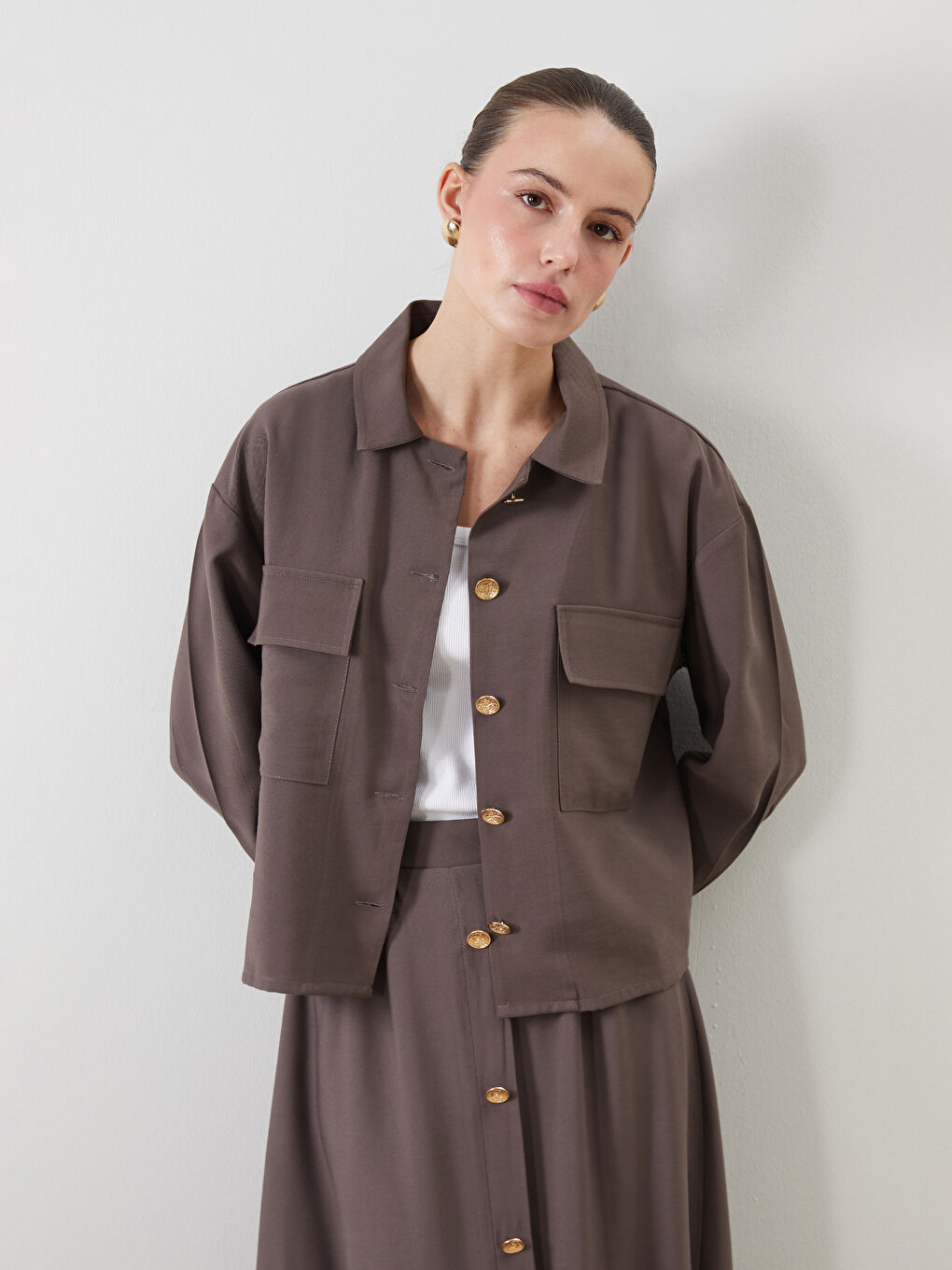 Kahverengi Oversize Gabardin Kadın Gömlek Ceket