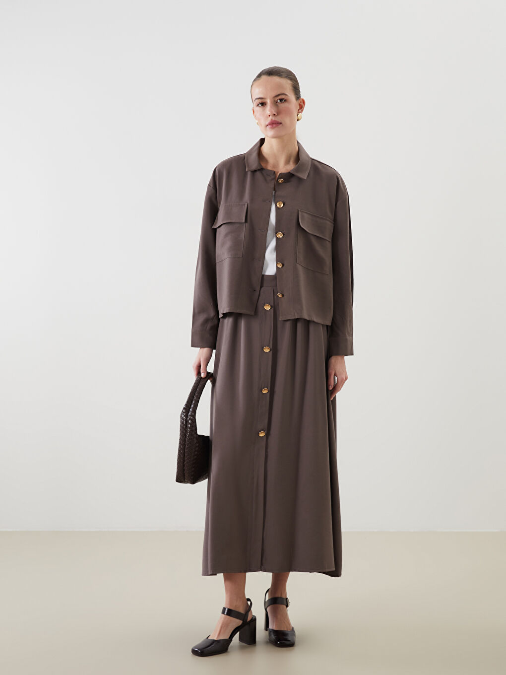 Kahverengi Oversize Gabardin Kadın Gömlek Ceket-2