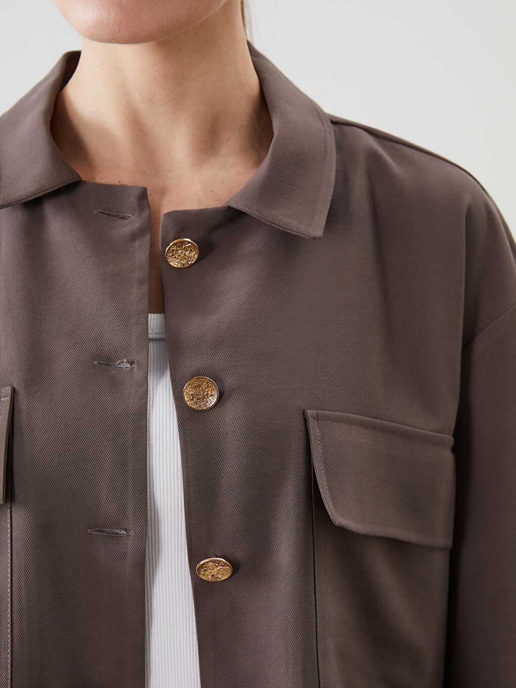 Kahverengi Oversize Gabardin Kadın Gömlek Ceket-4