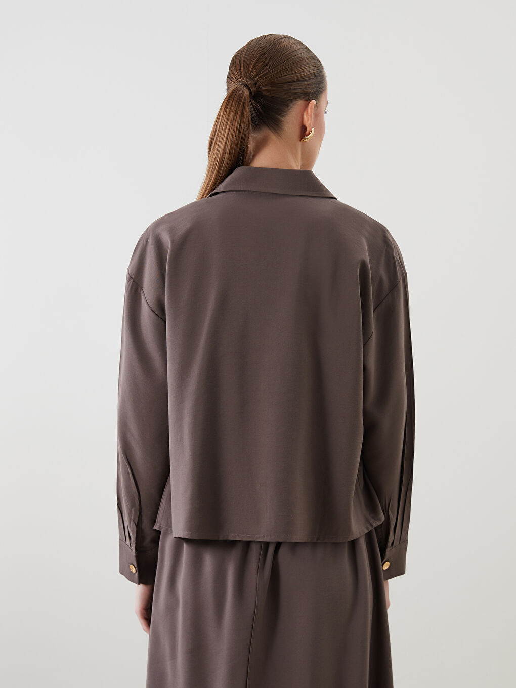 Kahverengi Oversize Gabardin Kadın Gömlek Ceket-6