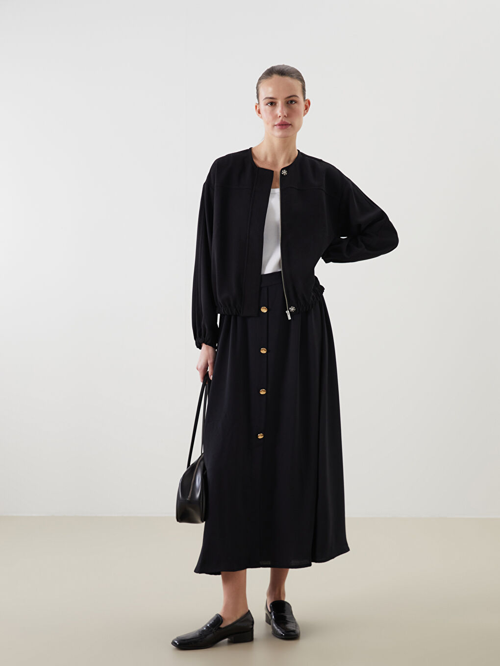 Siyah Bisiklet Yaka Oversize Kadın Kolej Ceket-2