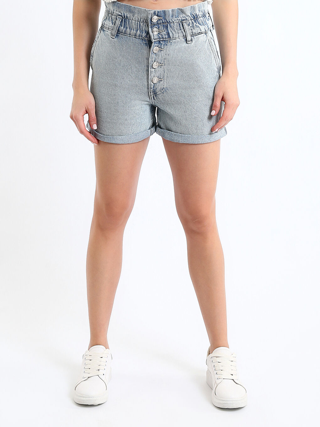Women's Elasticated Waist Plain Denim Shorts-1