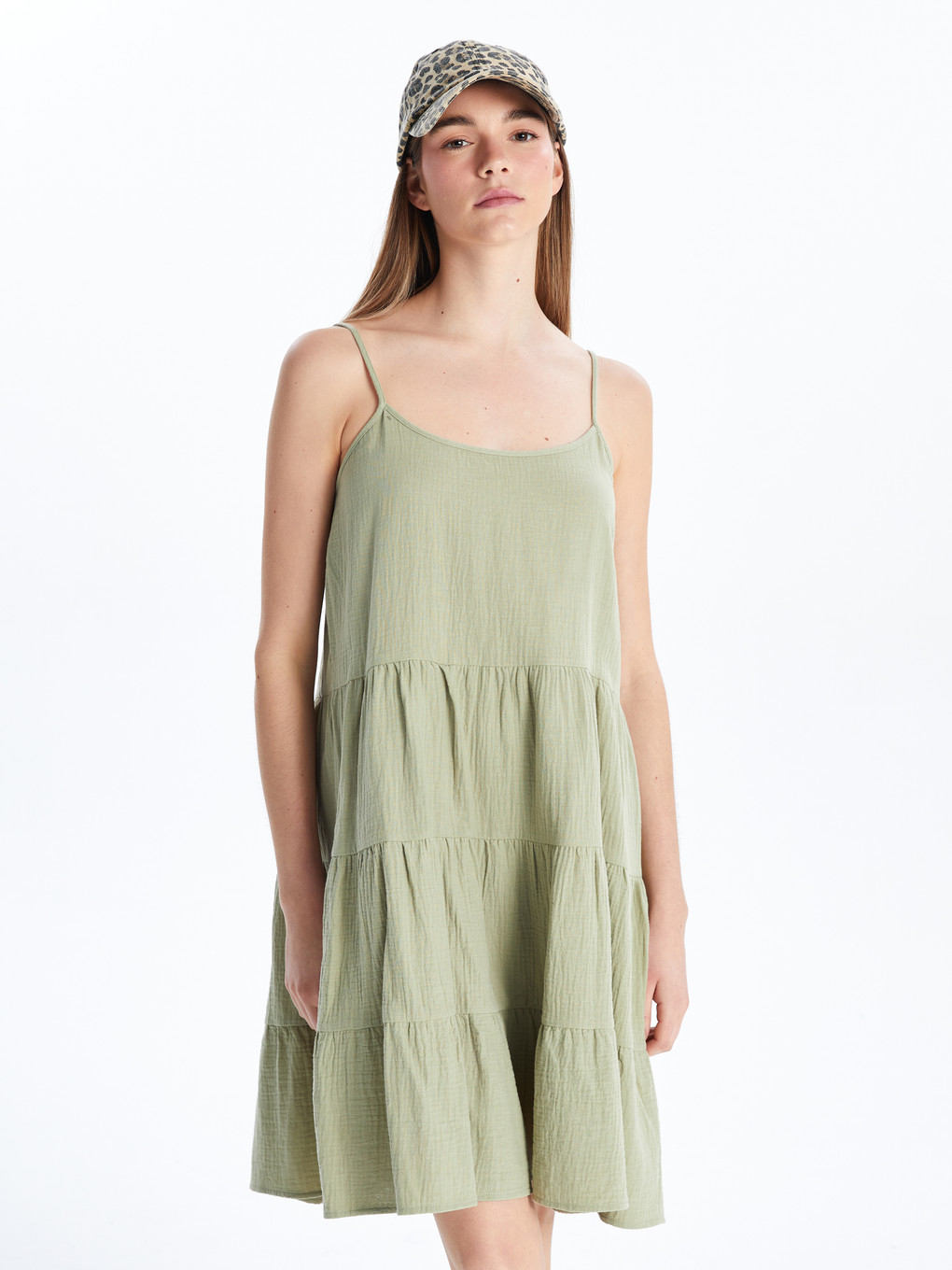 U Neck Textured Mini Strappy Dress-1