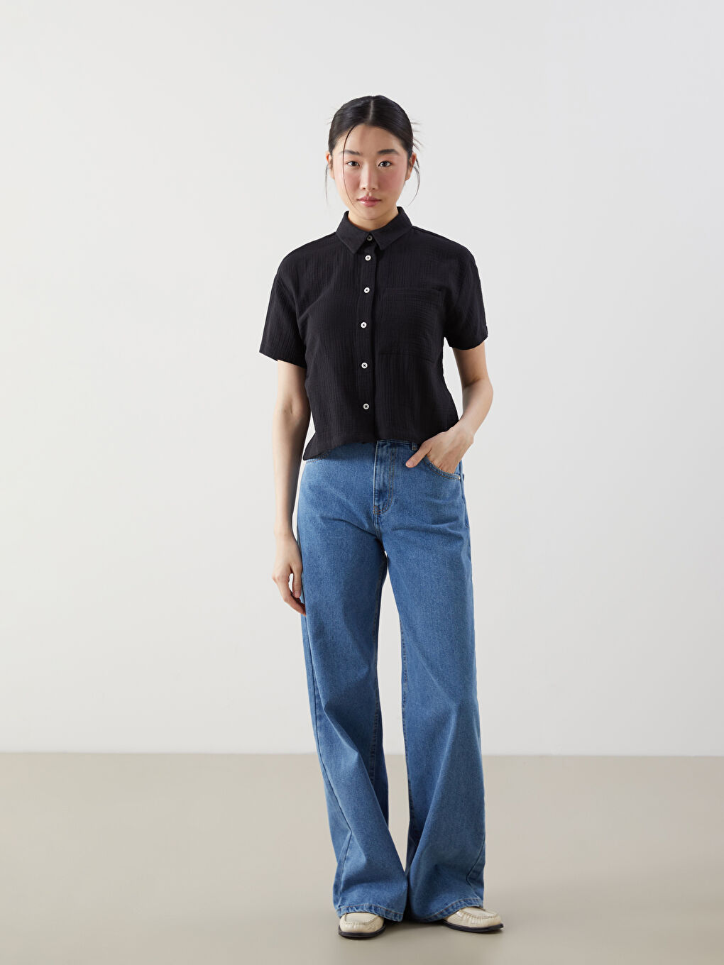 Regular Fit Women's Muslin Shirt with Pocket -S5FR81Z8-CVL