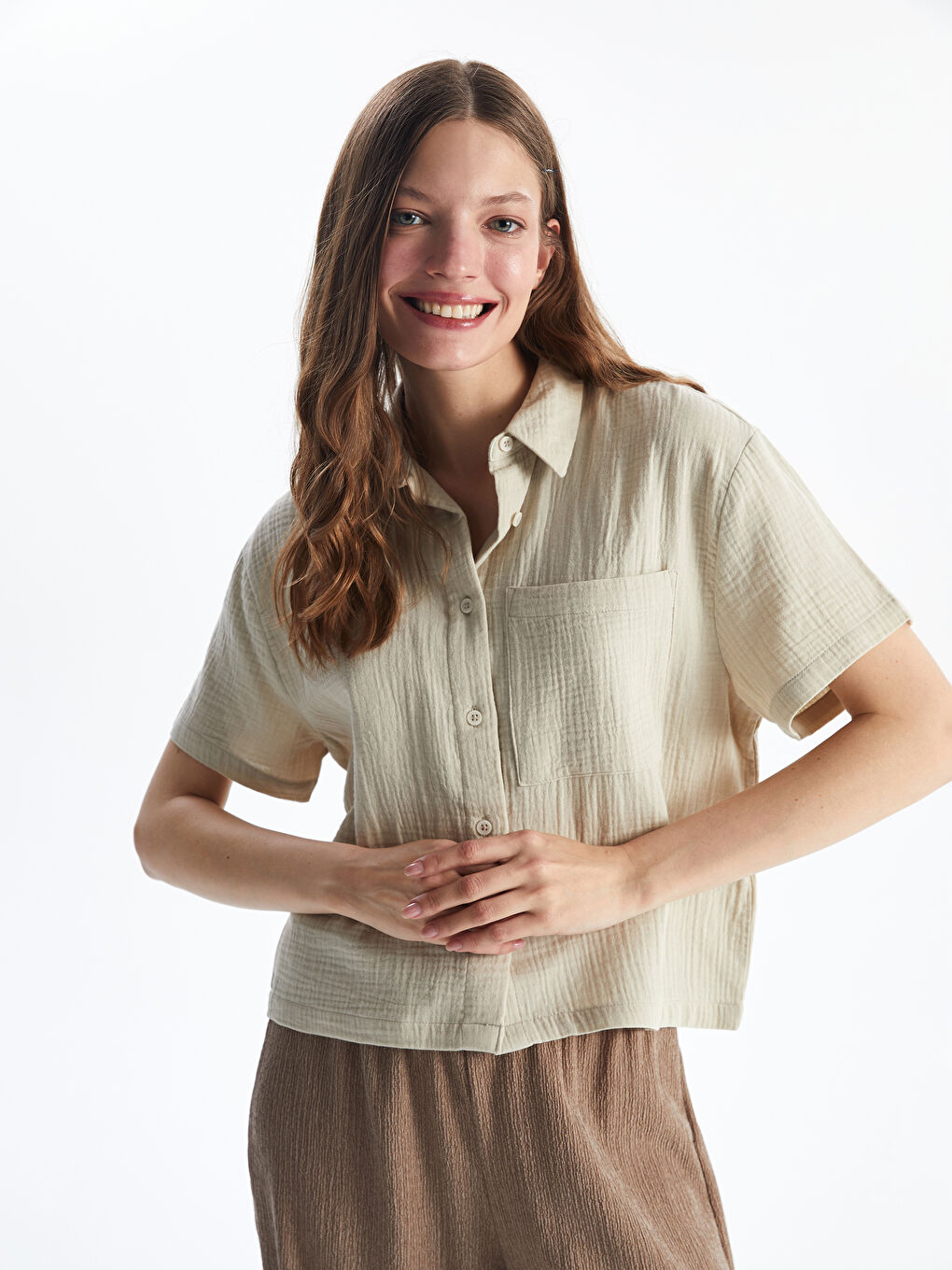 Regular Fit Women's Muslin Shirt with Pocket -S5FR81Z8-YB2