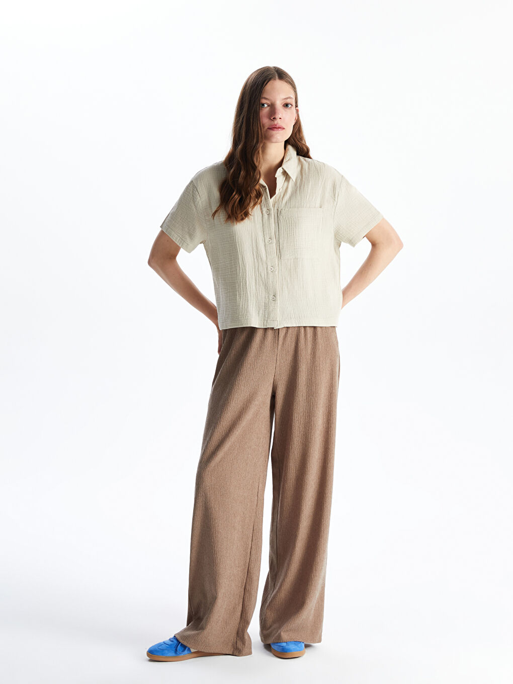 Regular Fit Women's Muslin Shirt with Pocket -S5FR81Z8-YB2