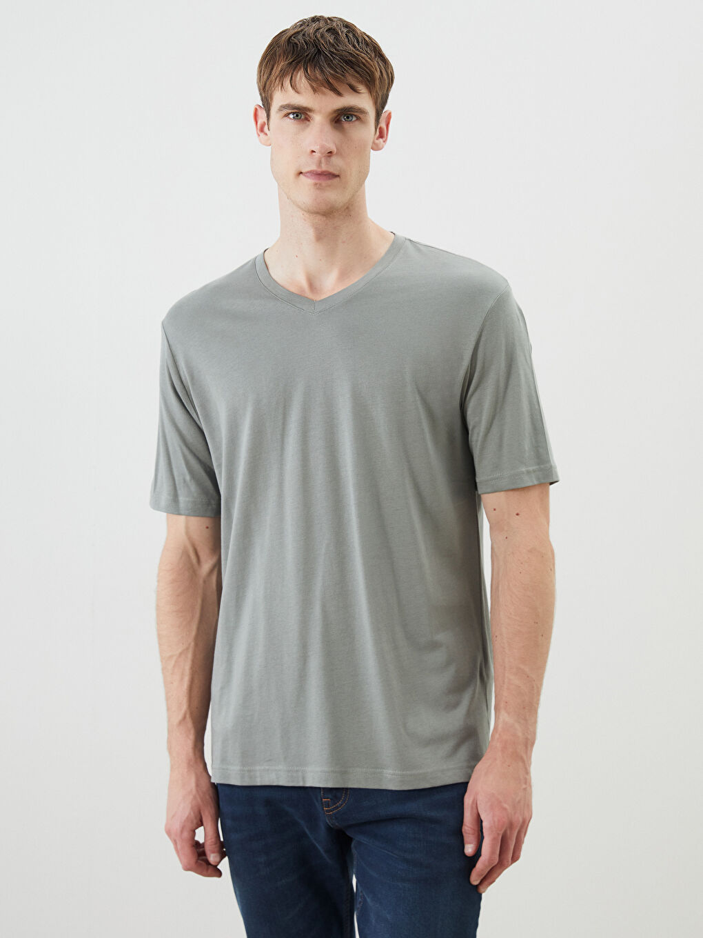 Haki V Yaka Penye Erkek Tişört-2