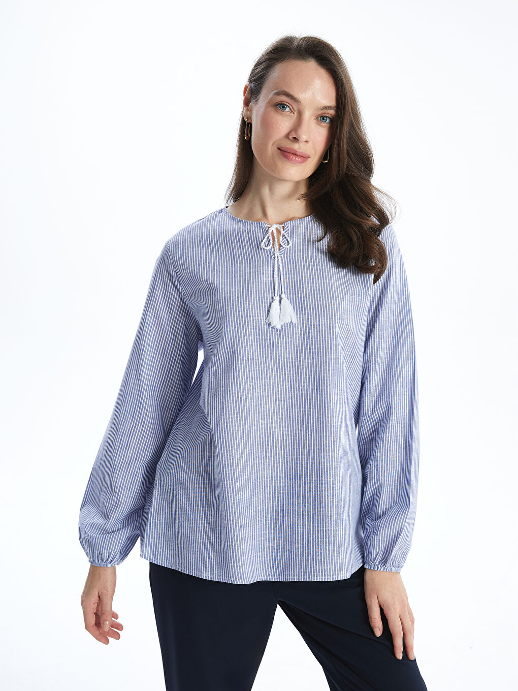 Tied Neck Striped Poplin Women’S Blouse -S5FT51Z8-LGS