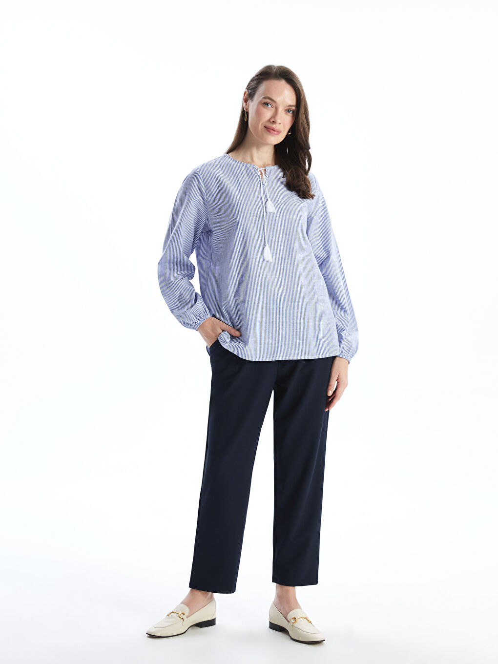 Tied Neck Striped Poplin Women’S Blouse -S5FT51Z8-LGS