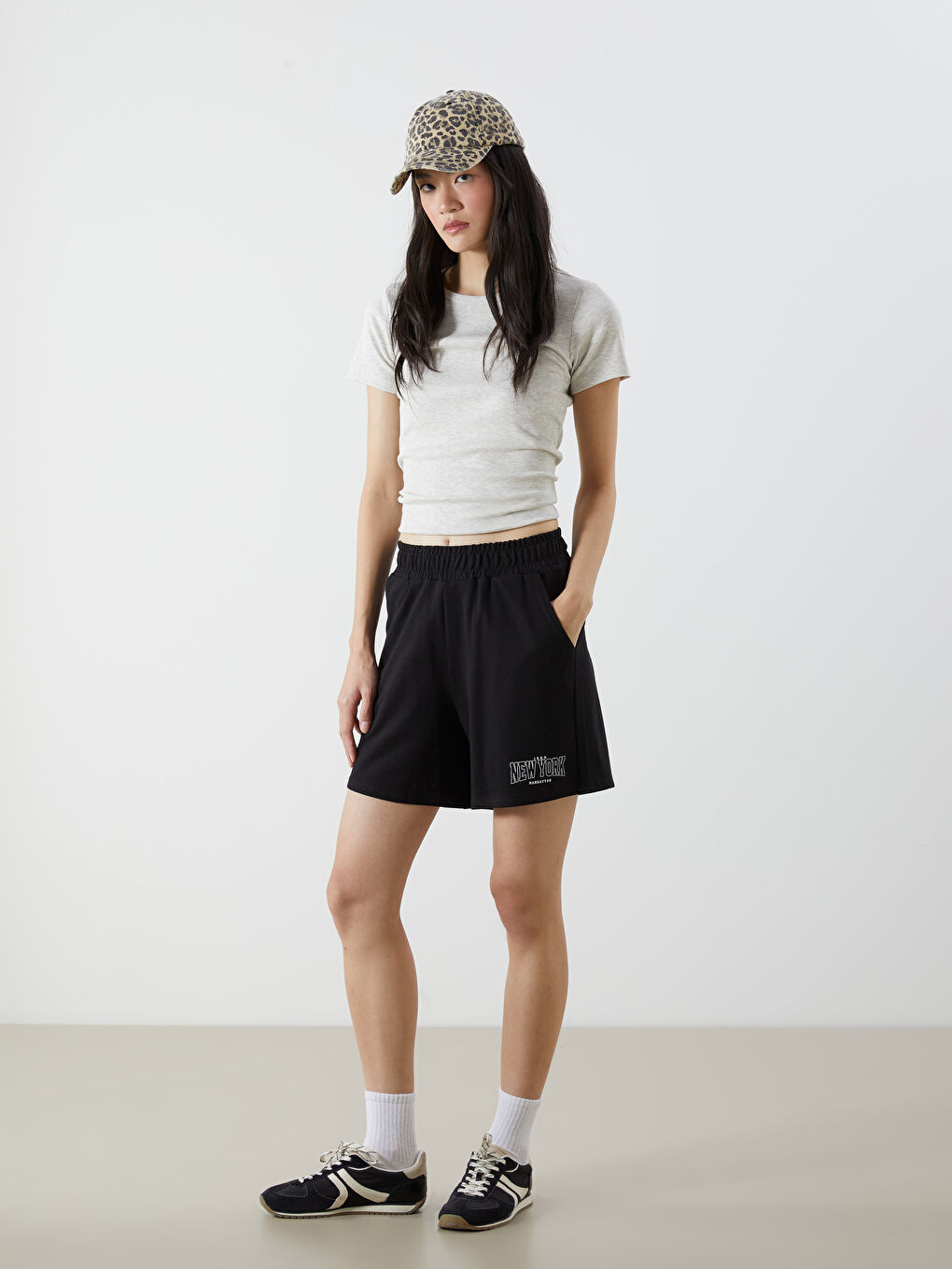 Women's Elasticated Waist New York Printed Shorts -S5FT63Z8-CVL