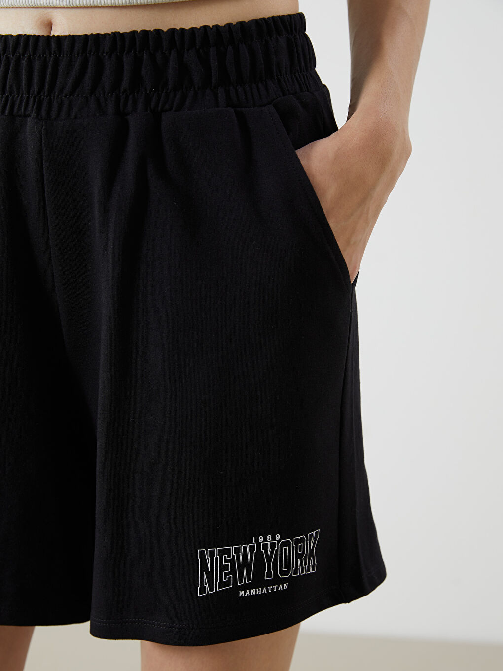 Women's Elasticated Waist New York Printed Shorts -S5FT63Z8-CVL