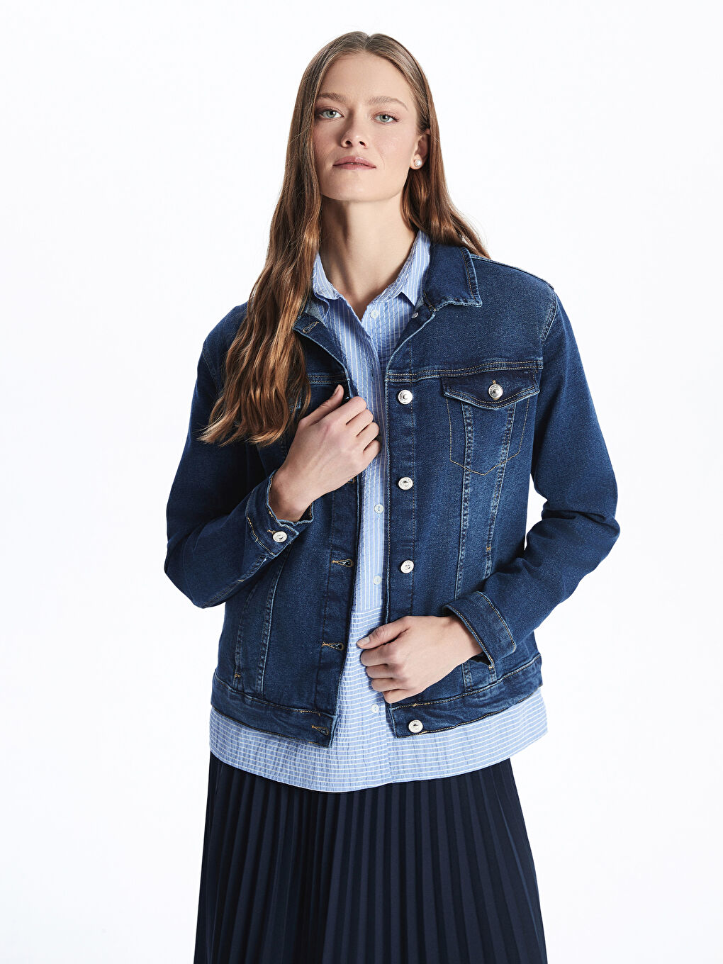 LCWAIKIKI Classic Indigo Gömlek Yaka Kadın Jean Ceket