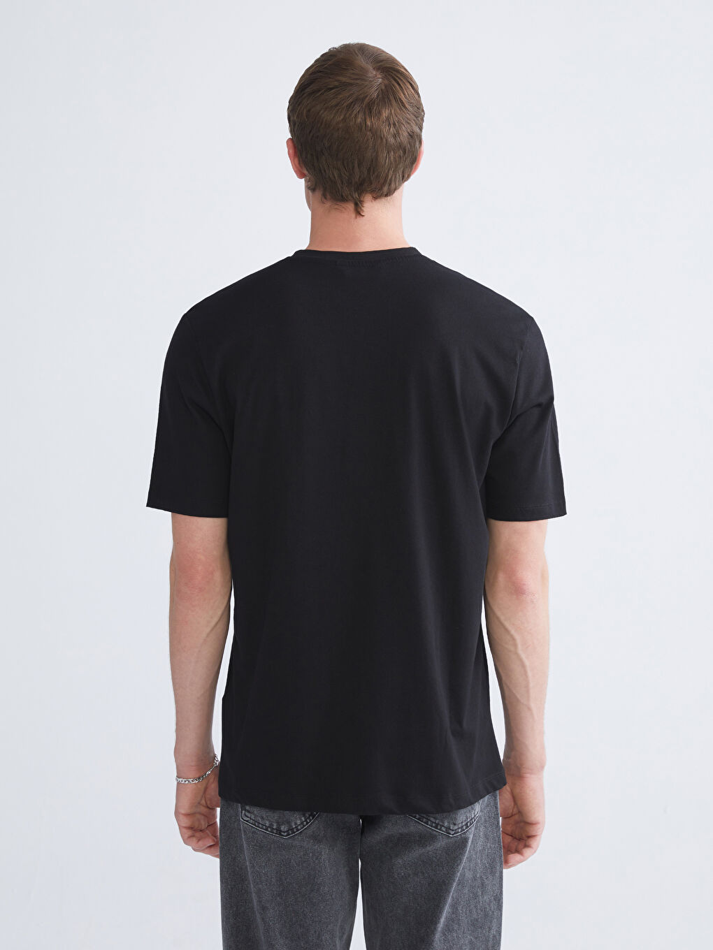 Siyah Bisiklet Yaka Baskılı Penye Erkek Tişört-3