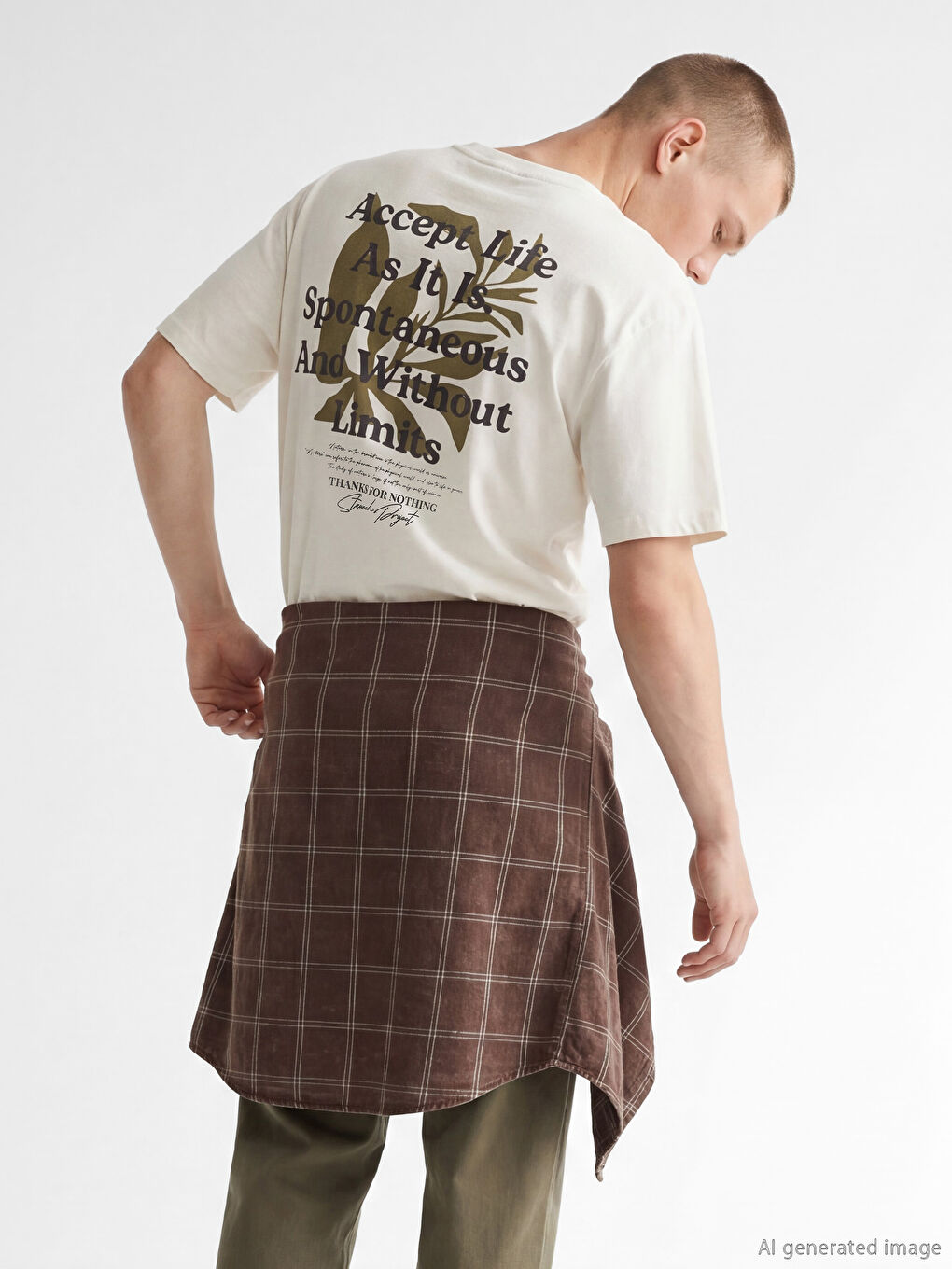 Bej Bisiklet Yaka Oversize Baskılı Erkek Tişört