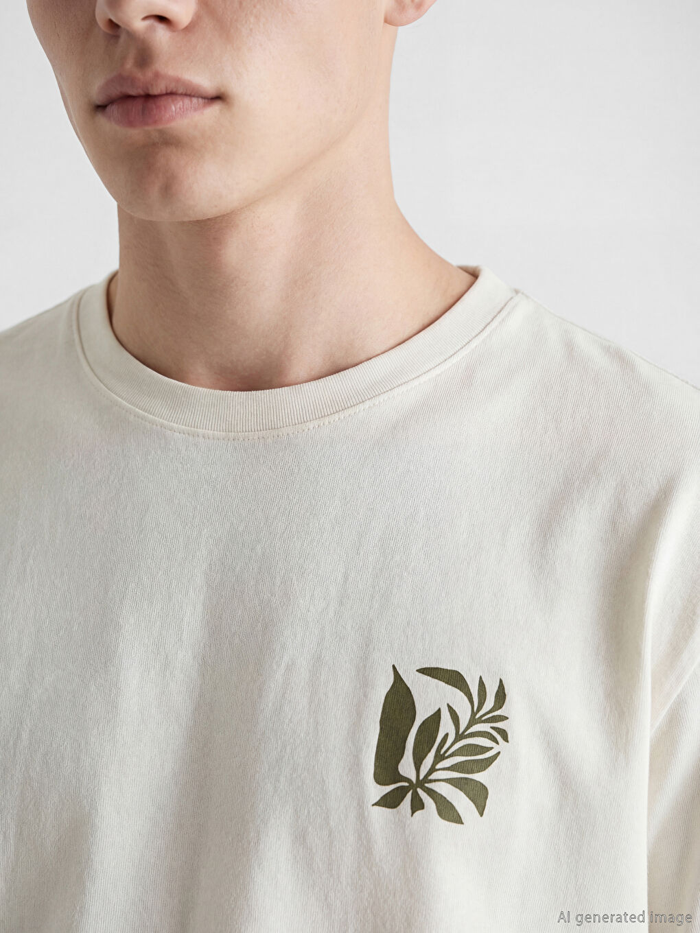 Bej Bisiklet Yaka Oversize Baskılı Erkek Tişört-2