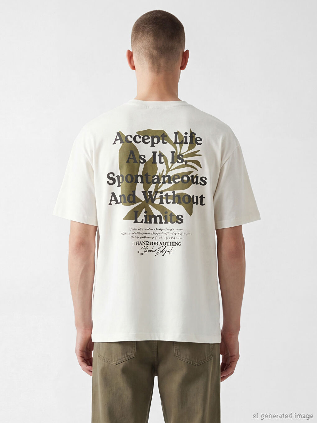 Bej Bisiklet Yaka Oversize Baskılı Erkek Tişört-3