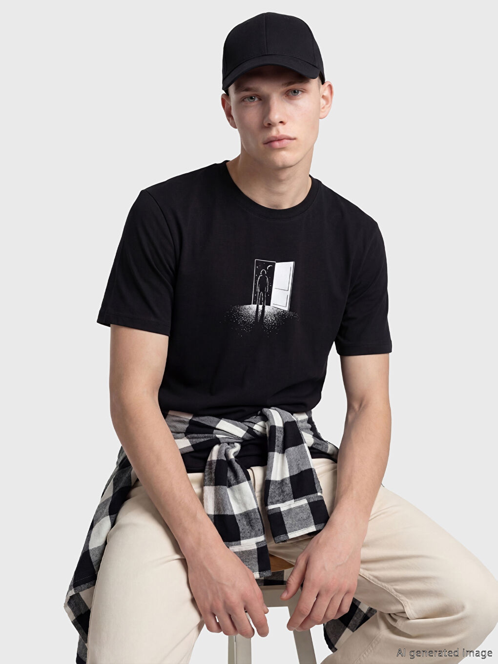 Siyah Bisiklet Yaka Baskılı Penye Erkek Tişört