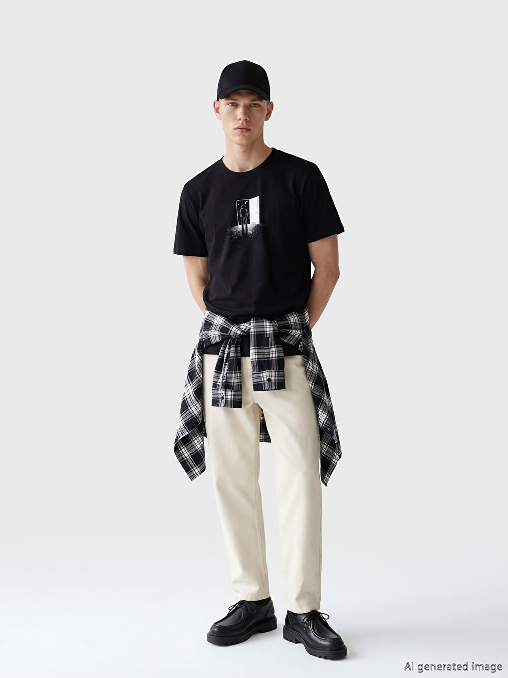 Siyah Bisiklet Yaka Baskılı Penye Erkek Tişört-1