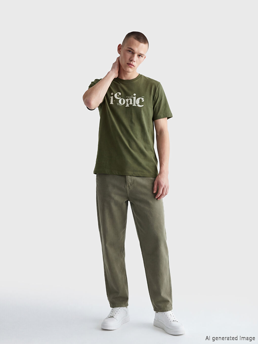 Haki Bisiklet Yaka Baskılı Erkek Tişört-1