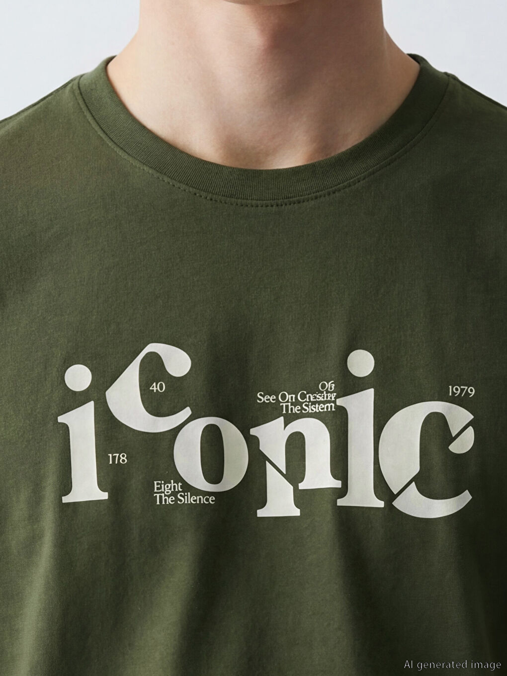 Haki Bisiklet Yaka Baskılı Erkek Tişört-2